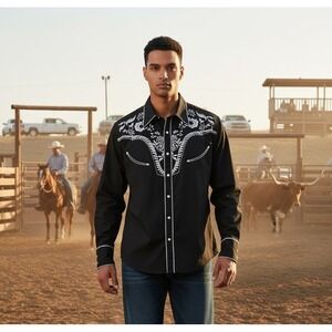New Western Rodeo Cowboy Americana Embroidered Poplin Button Down Shirt L Black